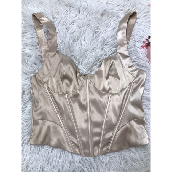 Women's Forever 21 Satin Corset Tank Top Cami Beige Back ZIPS Sm Tee Lingerie - Picture 2 of 6